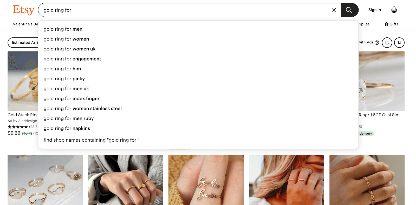 Etsy autocomplete expanding gold ring searches by recipient, occasion, and style