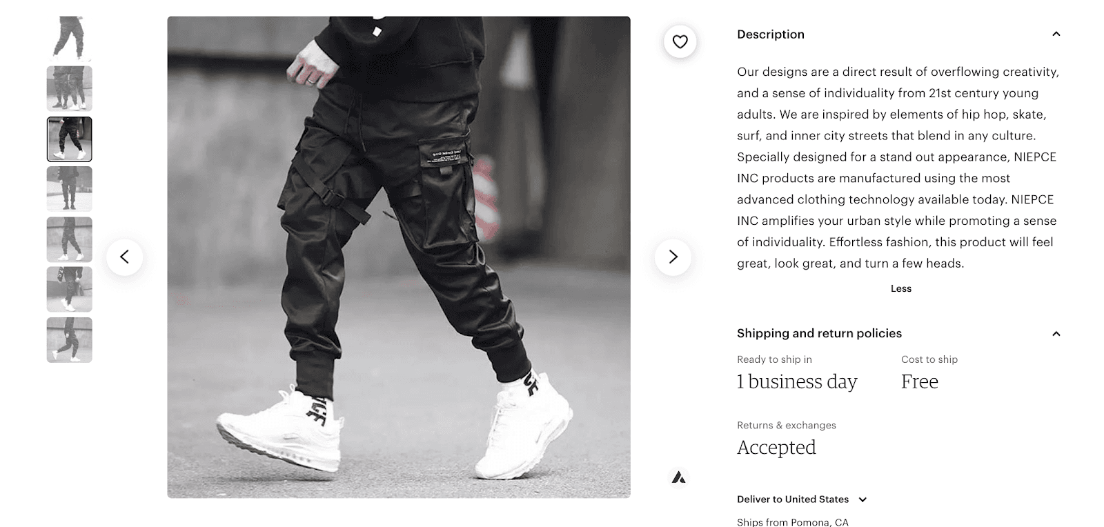 Etsy techwear pants listing with a description explaining the brand's design influences